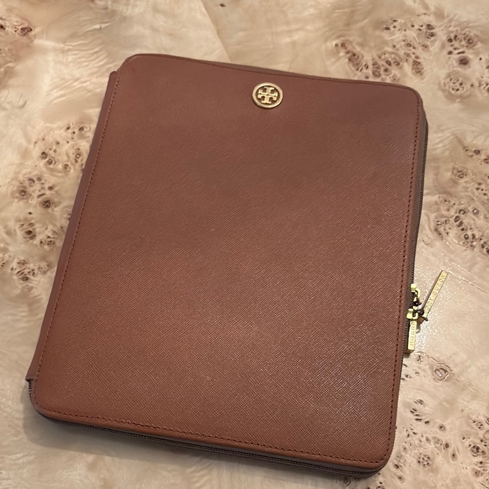 Tory Burch Brown Leather Tablet Case with Gold Logo